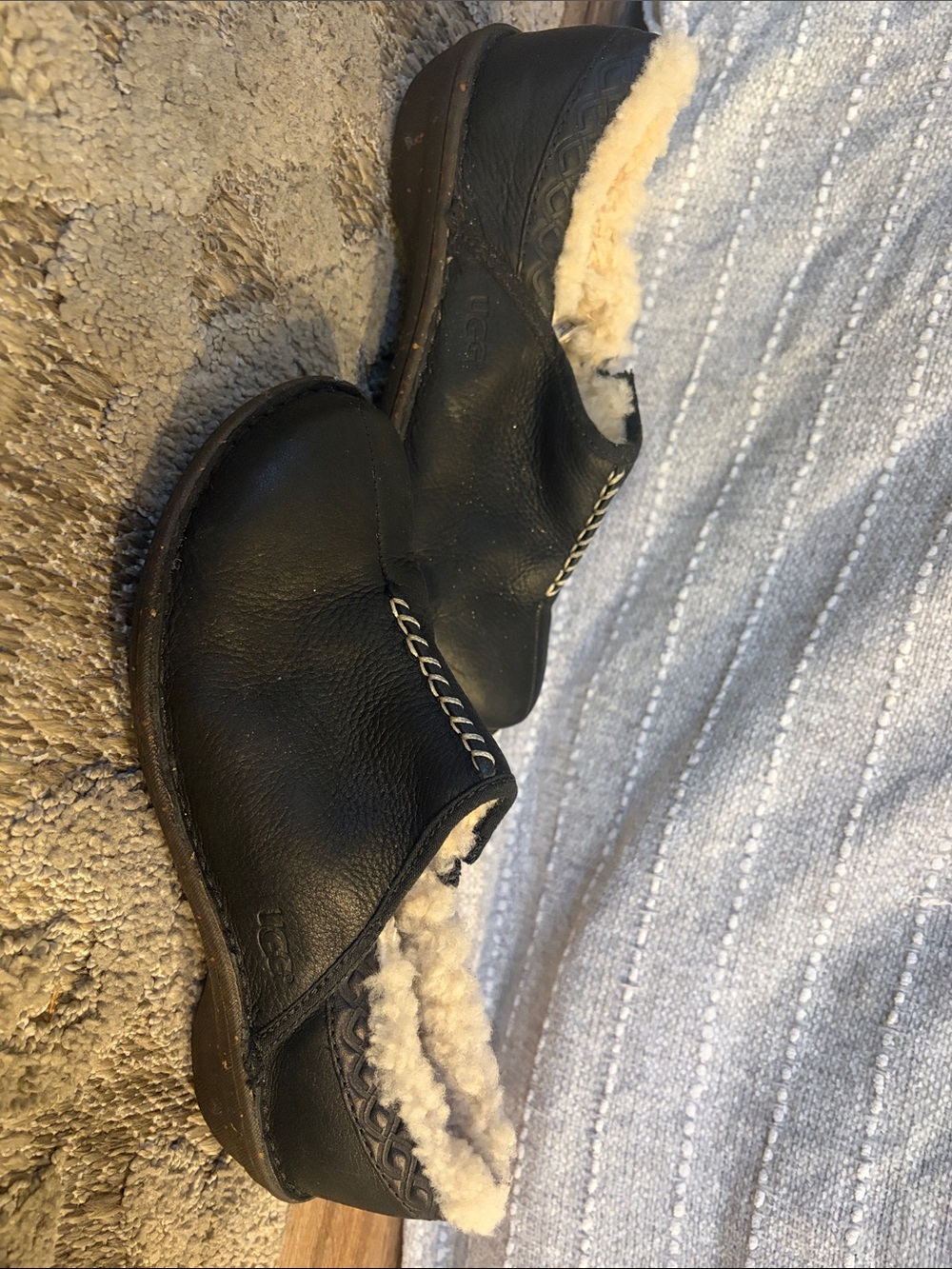 UGG Black Leather Shearling-Lined Mule Clogs